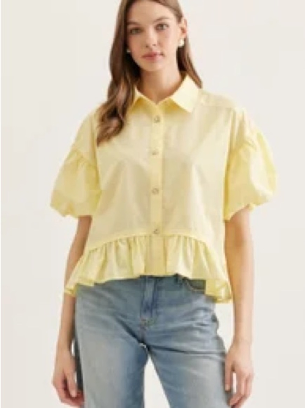 Entro- Women’s Yellow Ruffle Hem Button-Front Top Size- Large